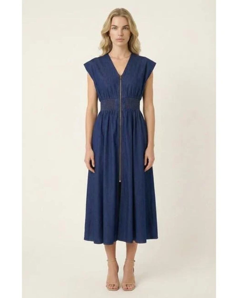 NEW She + Sky Midi Dress Blue Chambray Zip Up Smocked V Neck A Line Cap Sleeve L